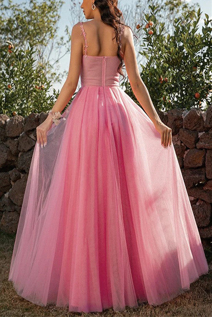 Pink Spaghetti Straps Tulle Applique Prom Dresses Modest Long Evening Gowns For Formal Women Gown