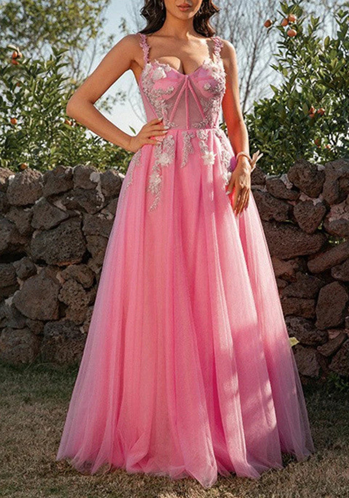 Pink Spaghetti Straps Tulle Applique Prom Dresses Modest Long Evening Gowns For Formal Women Gown