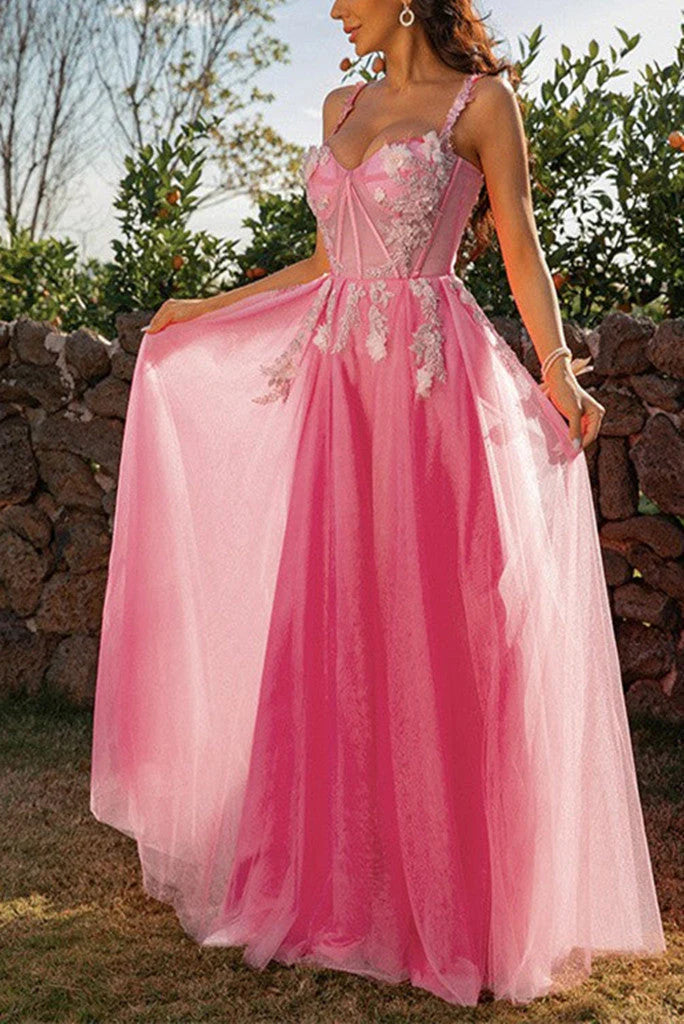 Pink Spaghetti Straps Tulle Applique Prom Dresses Modest Long Evening Gowns For Formal Women Gown