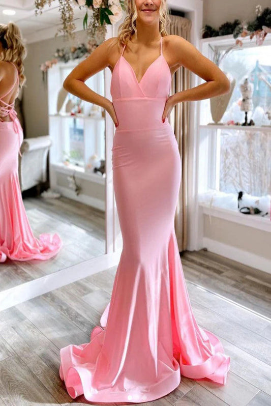 Mermaid Spaghetti Straps Prom Dresses Satin Lace Up Sweep Train Evening Dress