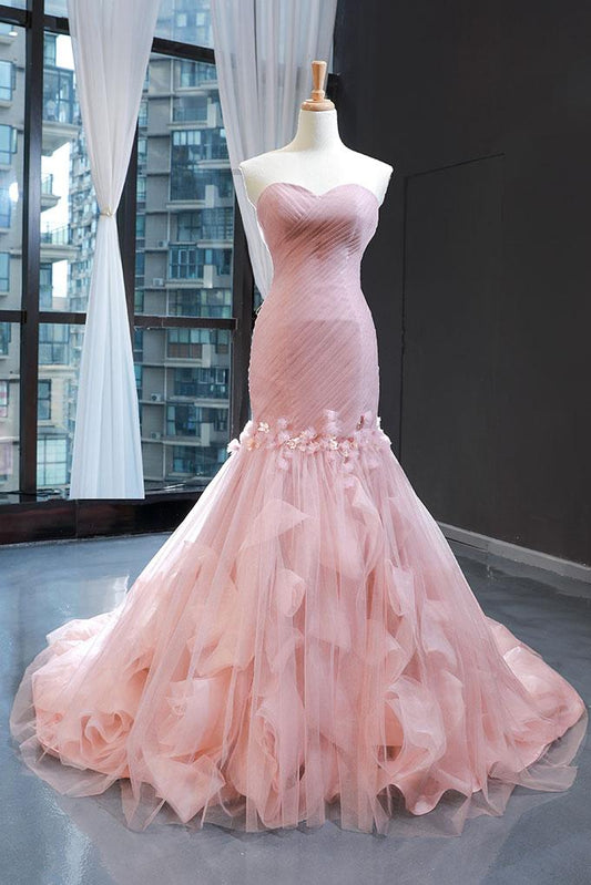 Pink Tulle Strapless Mermaid Long Dresses Sweetheart Prom Dresses