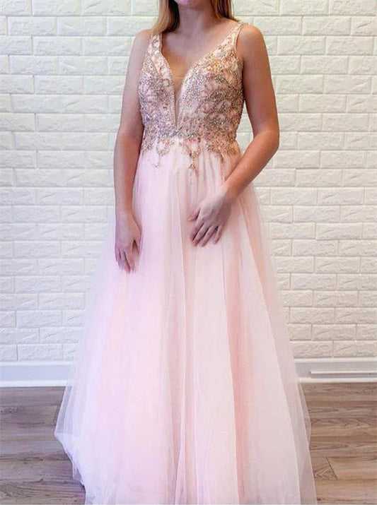 V-Neck Prom Dresses With Beaded Long A-line Tulle Prom Dresses