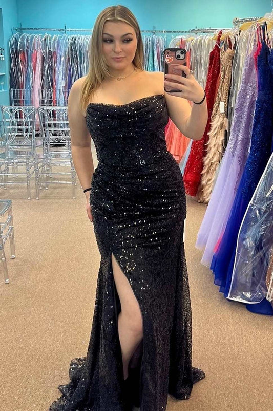 Plus Size Black Sequins Strapless Mermaid Long Prom Dress with Slit