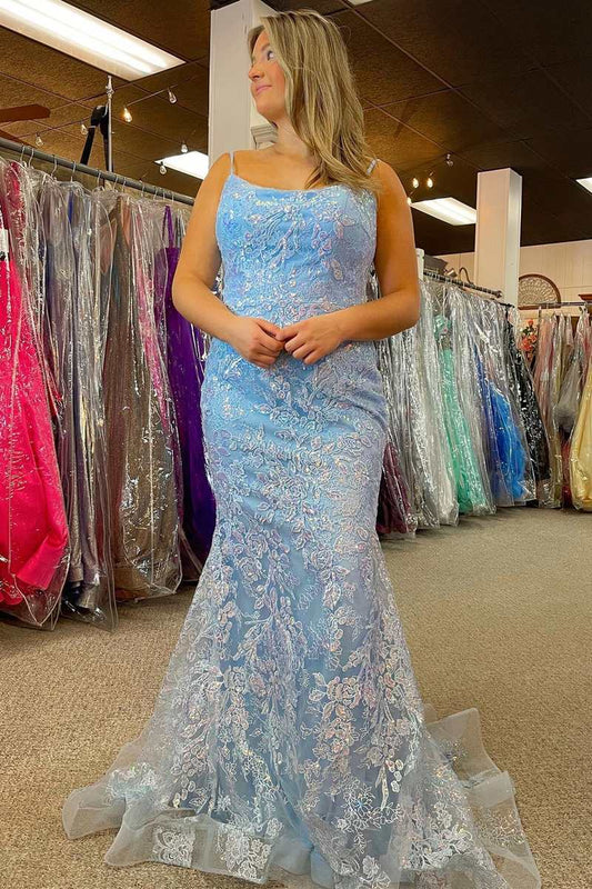 Mermaid Lace Appliques Spaghetti Straps Criss Cross Prom Dresses