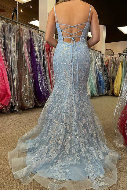 Mermaid Lace Appliques Spaghetti Straps Criss Cross Prom Dresses