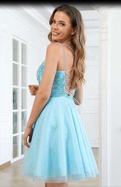 A Line Tulle Spaghetti Straps Beading Homecoming Dresses Short Cocktail Dress for Teens