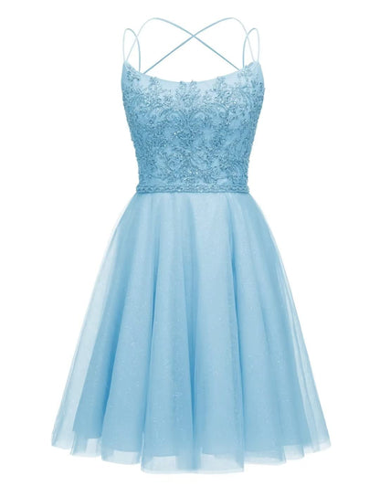 A Line Tulle Spaghetti Straps Beading Homecoming Dresses Short Cocktail Dress for Teens