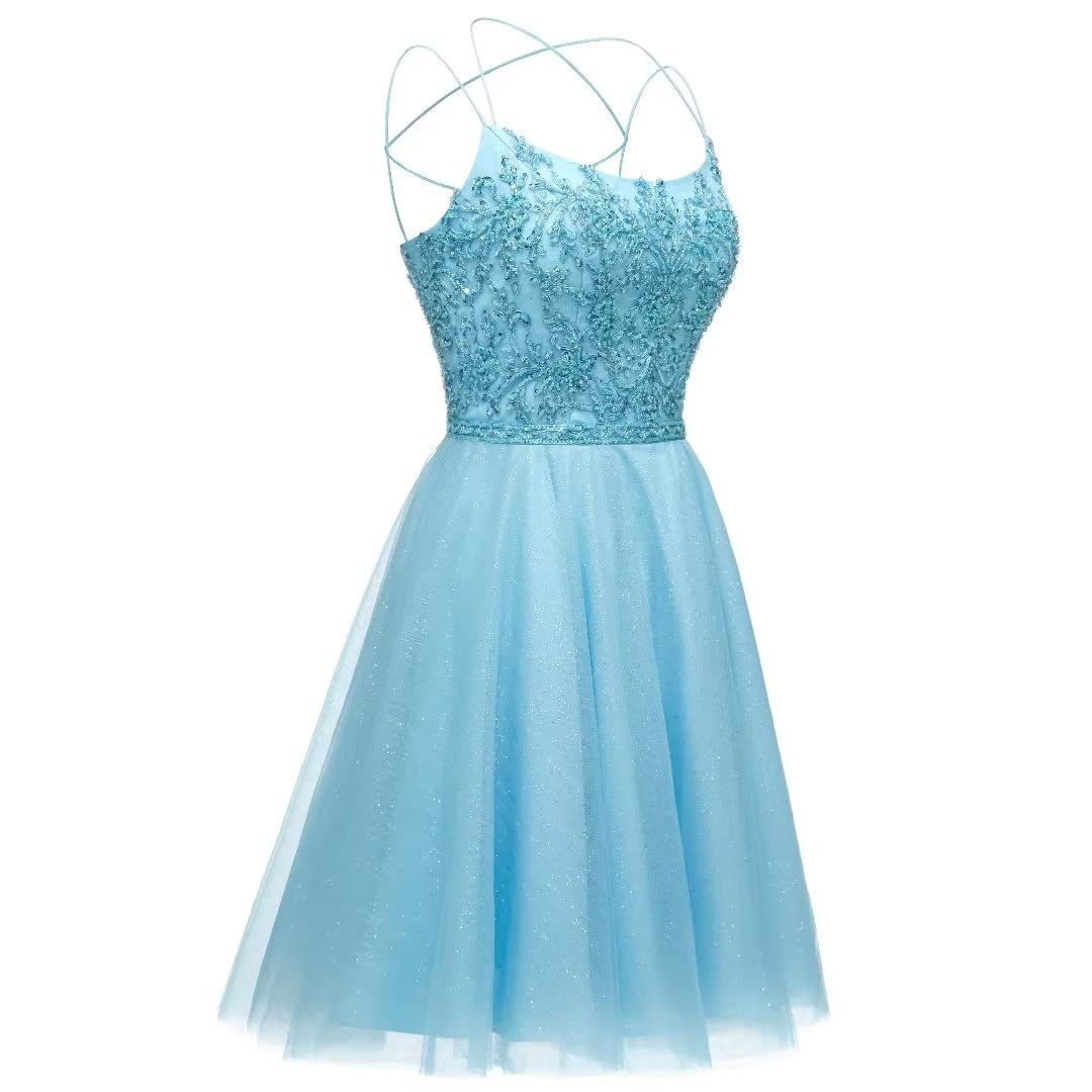 A Line Tulle Spaghetti Straps Beading Homecoming Dresses Short Cocktail Dress for Teens