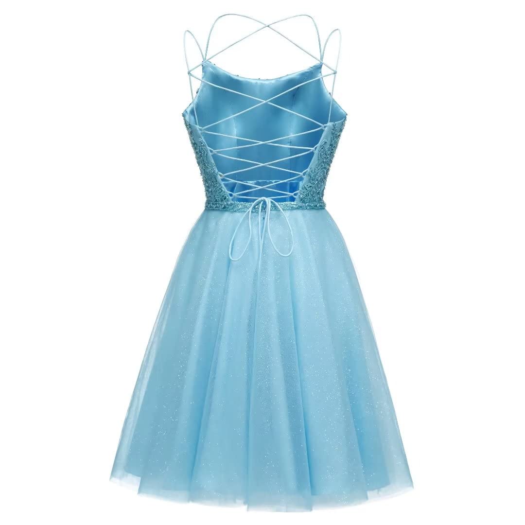 A Line Tulle Spaghetti Straps Beading Homecoming Dresses Short Cocktail Dress for Teens