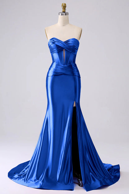 Sparkly Darrk Navy Mermaid Sweetheart Corset Long Prom Dress with Slit