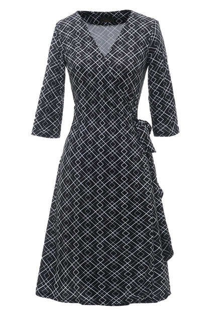 Black Geometry Printed Wedding Guest Wrap Dress