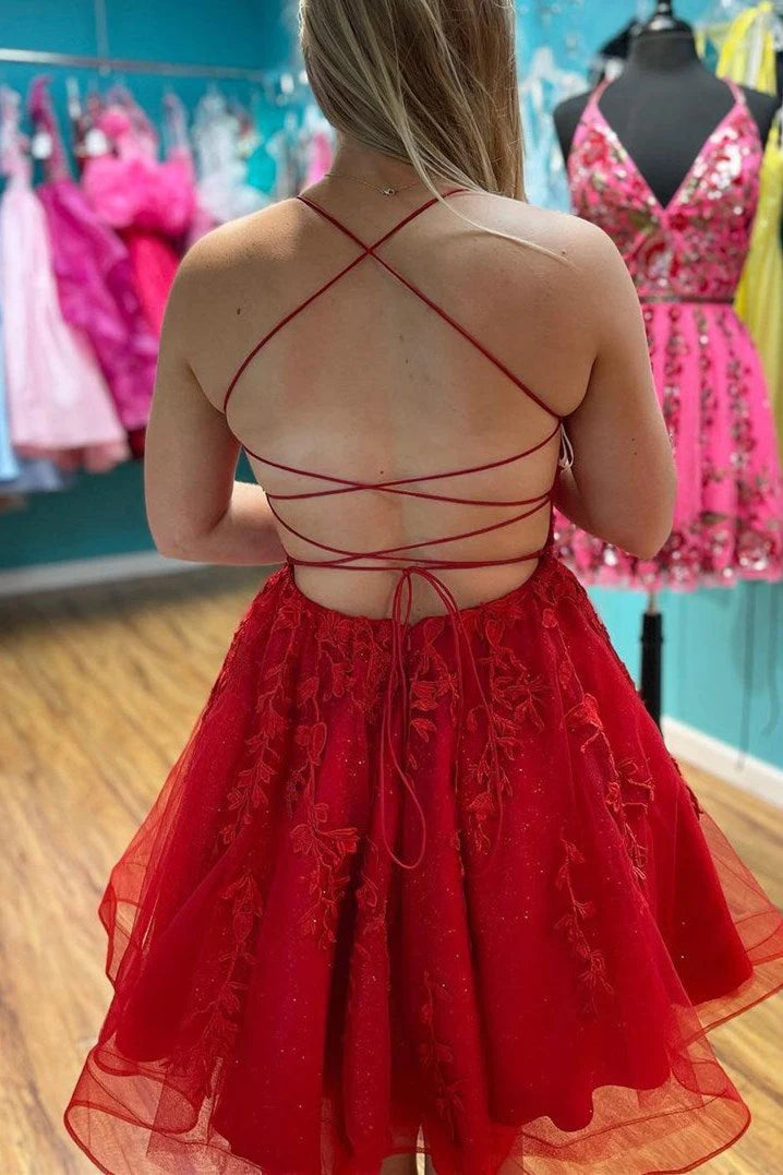 Red Spaghetti Strap Above Keen Starry Tulle Homecoming Dress Graduation Dresses