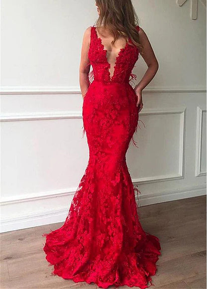 V Neck Prom Dresses Mermaid Tulle With Applique & Feather Zipper Up