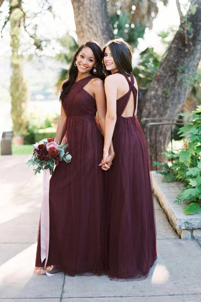 Romantic Tulle A Line Sleeveless Backless Floor Length Bridesmaid Dresses