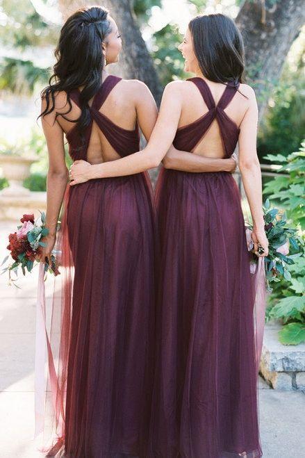 Romantic Tulle A Line Sleeveless Backless Floor Length Bridesmaid Dresses