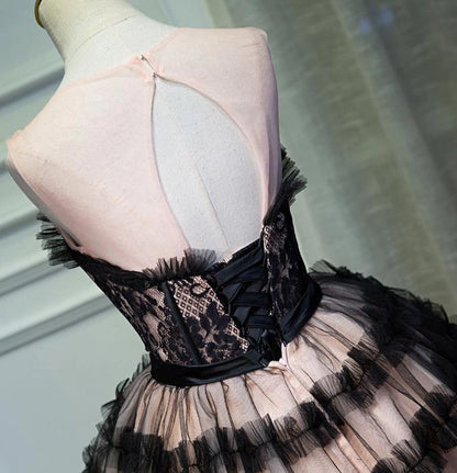 Round Neck Open Back Black and Pink Bowknot Lace up Homecoming Dresses with Tulle