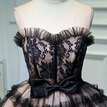 Round Neck Open Back Black and Pink Bowknot Lace up Homecoming Dresses with Tulle