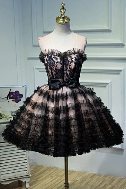 Round Neck Open Back Black and Pink Bowknot Lace up Homecoming Dresses with Tulle