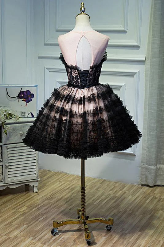 Round Neck Open Back Black and Pink Bowknot Lace up Homecoming Dresses with Tulle