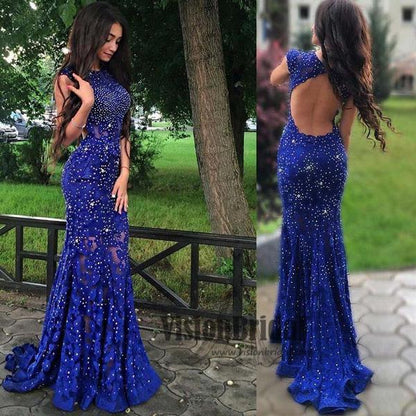 Royal Blue Jewel Sweep Train Lace Backless Mermaid Prom Dresses with Beading