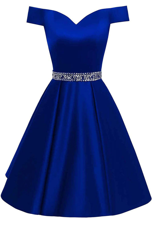 Royal Blue Short Beaded Cocktail Dresses Off The Shoulder Backless Homecoming Dress