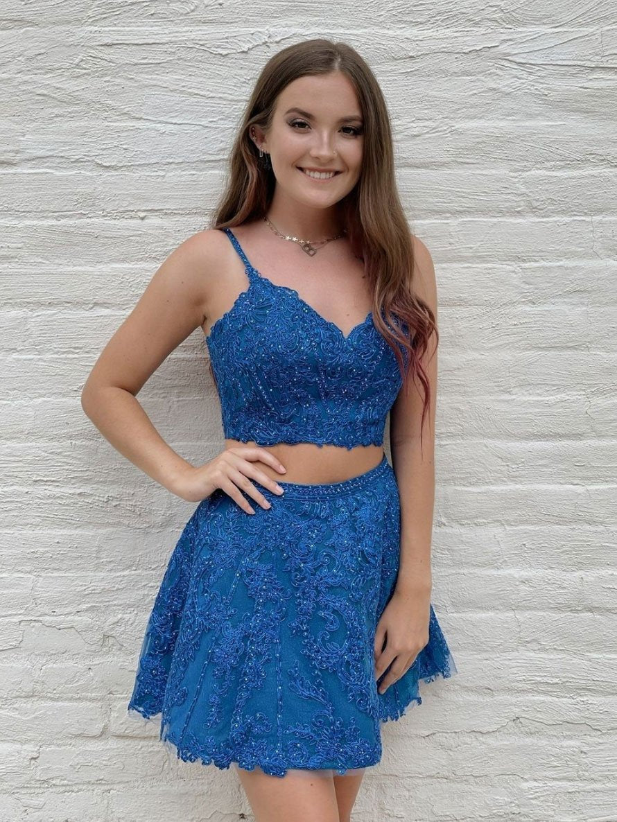 Royal Blue Short Lace Fitted Silver Beading Sparkly Homecoming Dress