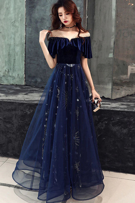 Tulle V Neck Elegant Evening Dress Long Prom Dresses