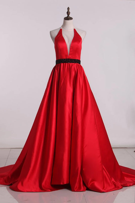 Satin A Line Party Dresses Halter With Beads Open Back