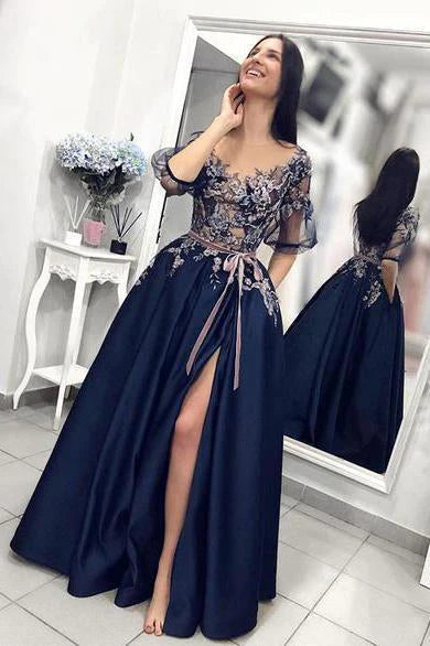 Satin A line Short Sleeve Blue Prom Dresses with High Slit, Long Evening Dresses with Pockets