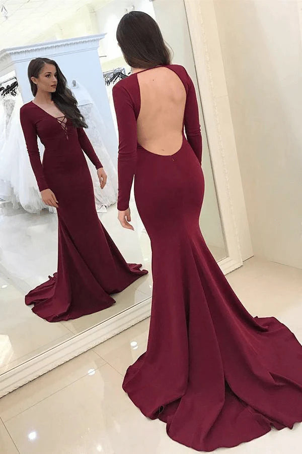 Satin Fabulous Black Halter Deep V-neck Long Sleeve Sexy Prom Dresses