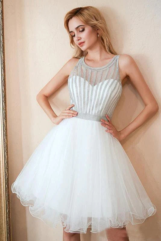 Scoop A Line White Homecoming Dresses Sequins Above Knee Tulle Short Graduation Dresses