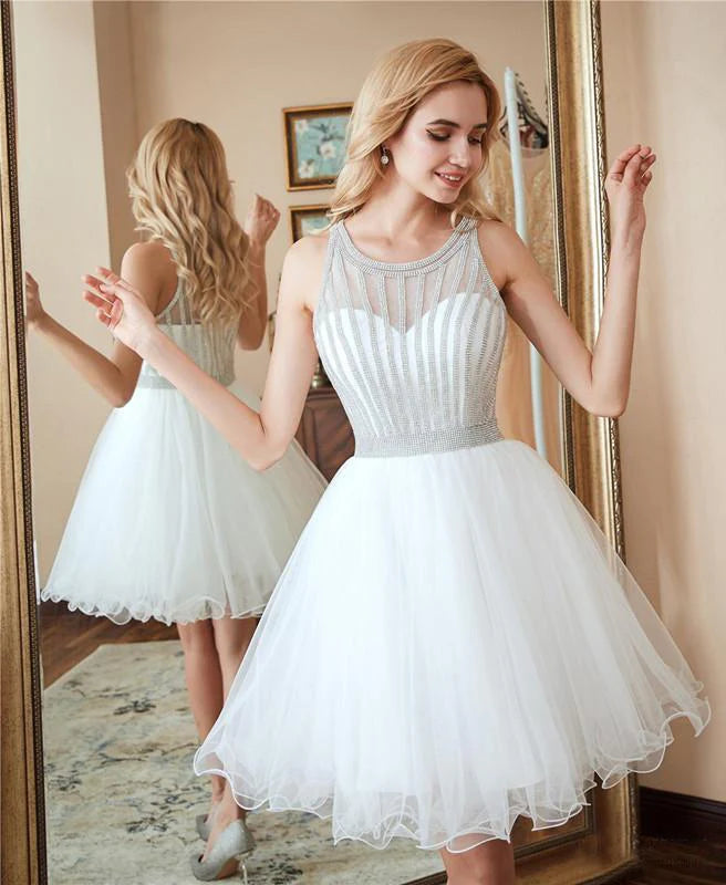 Scoop A Line White Homecoming Dresses Sequins Above Knee Tulle Short Graduation Dresses