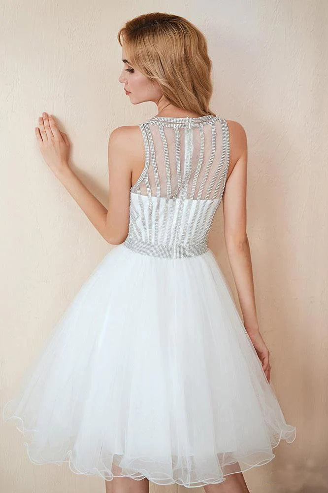 Scoop A Line White Homecoming Dresses Sequins Above Knee Tulle Short Graduation Dresses