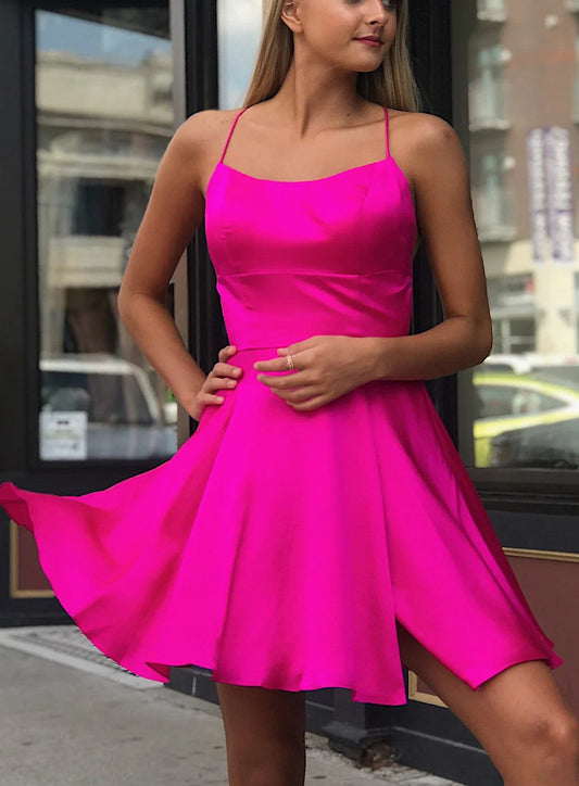 Scoop Homecoming Dresses A Line With ASpaghetti Straps Slit Satin Short/Mini