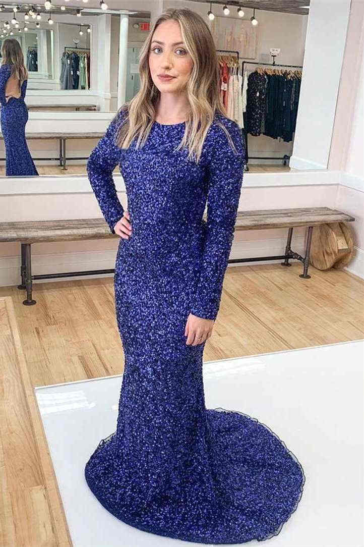 Mermaid Prom Dresses Sequins Floor Length Long Sleeves