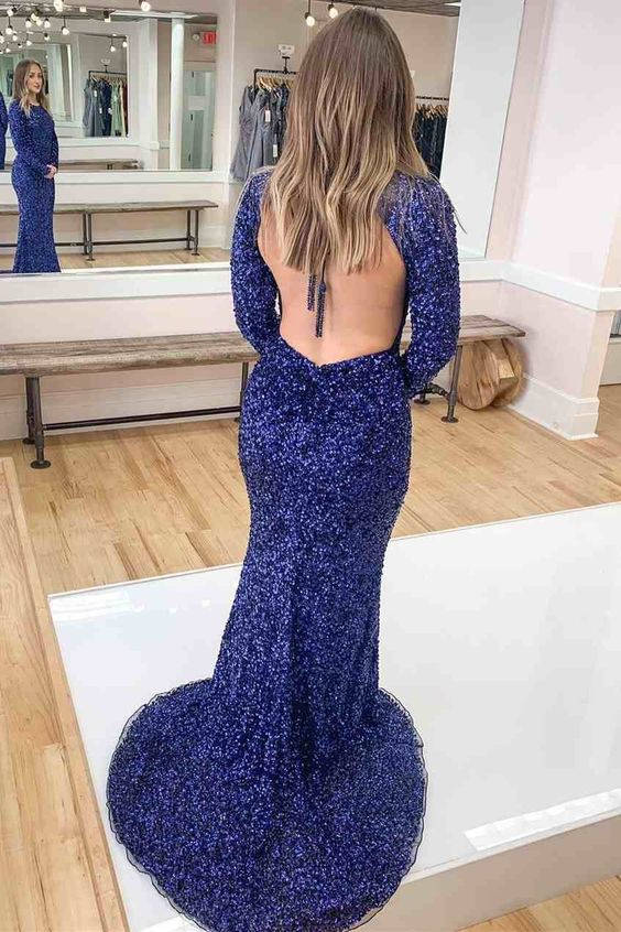 Mermaid Prom Dresses Sequins Floor Length Long Sleeves