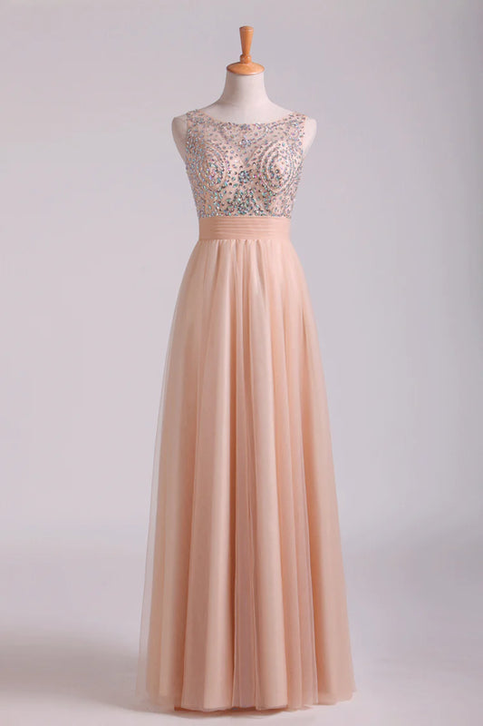 Scoop Party Dresses A Line Tulle With Beading Floor Length