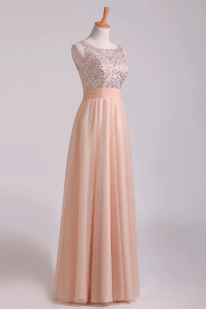 Scoop Party Dresses A Line Tulle With Beading Floor Length