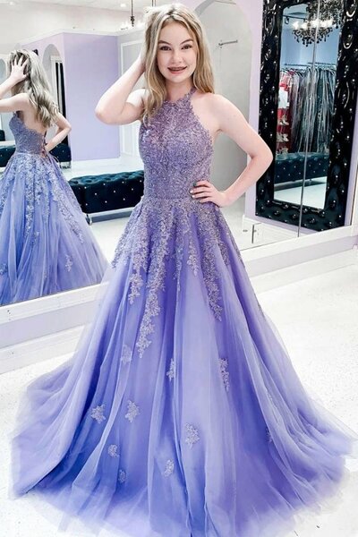 Prom Dresses A Line Tulle With Applique And Beads Sweep Train