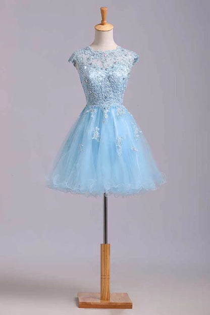 A Line Tulle Skirt Embellished Bodice With Beads And Applique Cap Sleeve