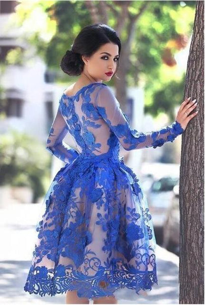 See Through Long Sleeve A Line Homecoming Dresses Lace Short Cocktail Dresses