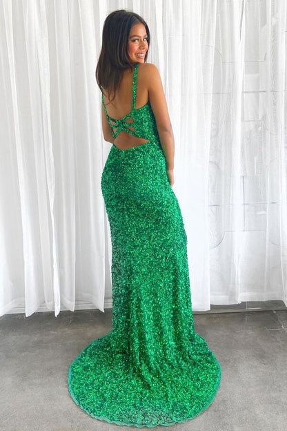 Sequin Glitters V Neck Straps Mermaid Long Prom Dresses