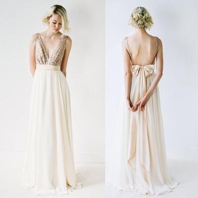 Sequin Sexy Chiffon Long Backless V-Neck Backless Sleeveless A-Line Bridesmaid Dresses