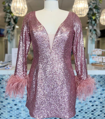 Sequin V Neck Bodycon Homecoming Dresses Long Sleeves With Feather