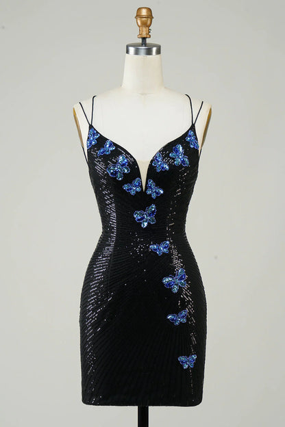 Sequins Butterflies Spaghetti Straps Short Homecoming Dress, Mini Cocktail Dress