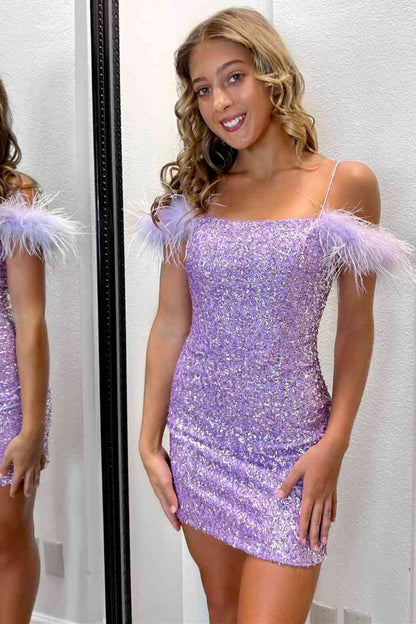 Sequins Spaghetti Straps Homecoming Dresses Sheath Short/Mini Lace Up Feather