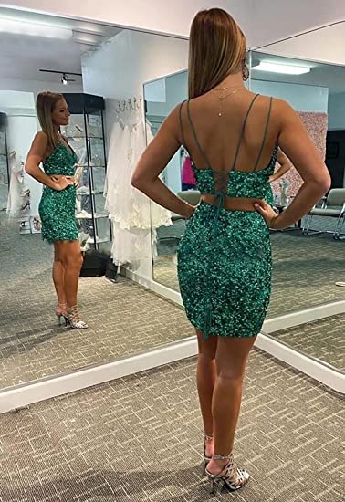 Sequins Two Pieces Homecoming Dresses V-Neck Knee-Length Cocktail Dresses