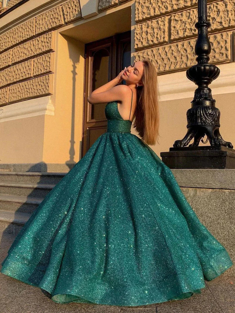 A Line Spaghetti Straps Deep V-neck Sexy Backless Sequins Prom Dresses