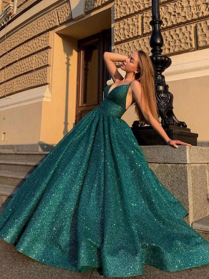 A Line Spaghetti Straps Deep V-neck Sexy Backless Sequins Prom Dresses