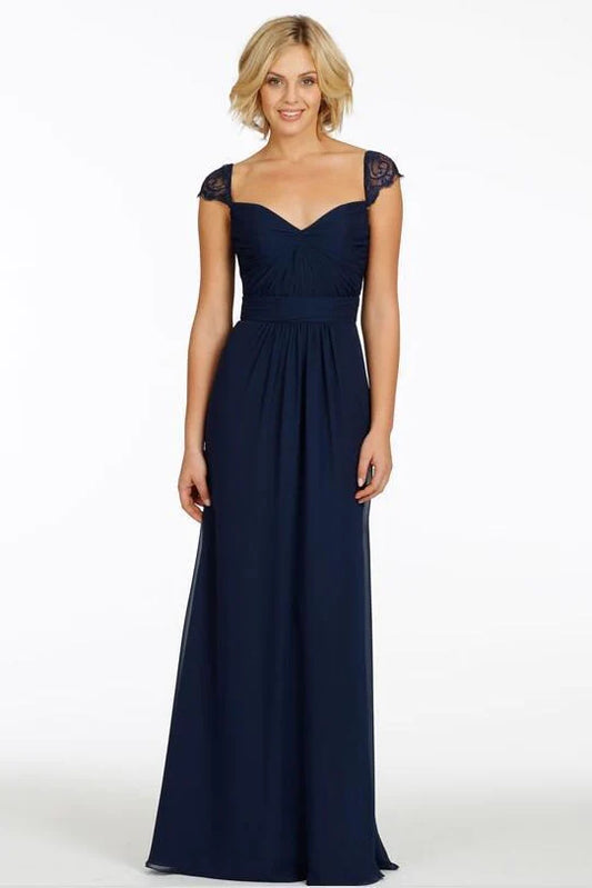 Sexy A-Line Sweetheart Cap Sleeve Lace Open Back Navy Blue Long Bridesmaid Dresses